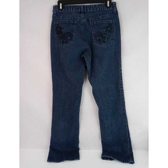 V.S.H. Women's Dark Wash Distressed Beaded Low Rise Bootcut Jeans Size 8 - Picture 1 of 8